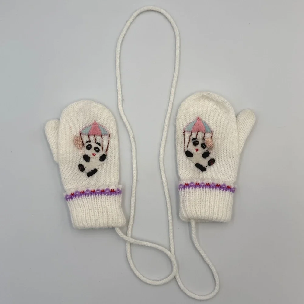 Vtg Baby Mittens‎ with String | Panda, Balloon, Parachute | 1980s 100% Acrylic